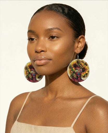 Afro Woman “Dope” Sunflower Wooden Statement Earrings – African Ethnic Jewellery - Fatisha Boutique #