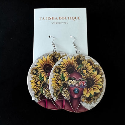 Afro Woman “Dope” Sunflower Wooden Statement Earrings – African Ethnic Jewellery - Fatisha Boutique #