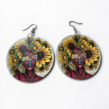Afro Woman “Dope” Sunflower Wooden Statement Earrings – African Ethnic Jewellery - Fatisha Boutique #