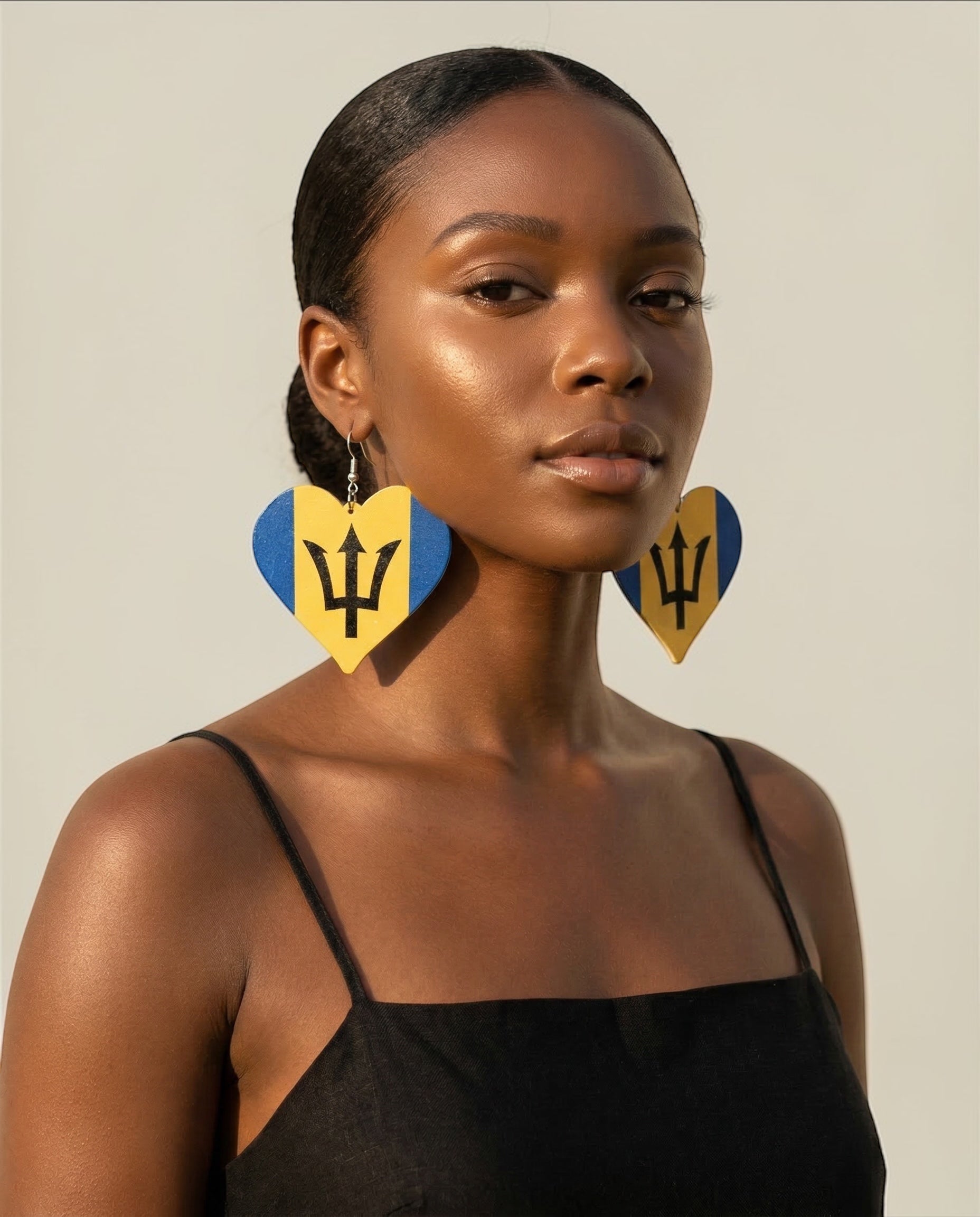 Barbados Flag Heart Earrings – Afrocentric Caribbean Statement Wooden Jewellery - Fatisha Boutique #