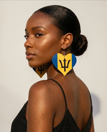 Barbados Flag Heart Earrings – Afrocentric Caribbean Statement Wooden Jewellery - Fatisha Boutique #