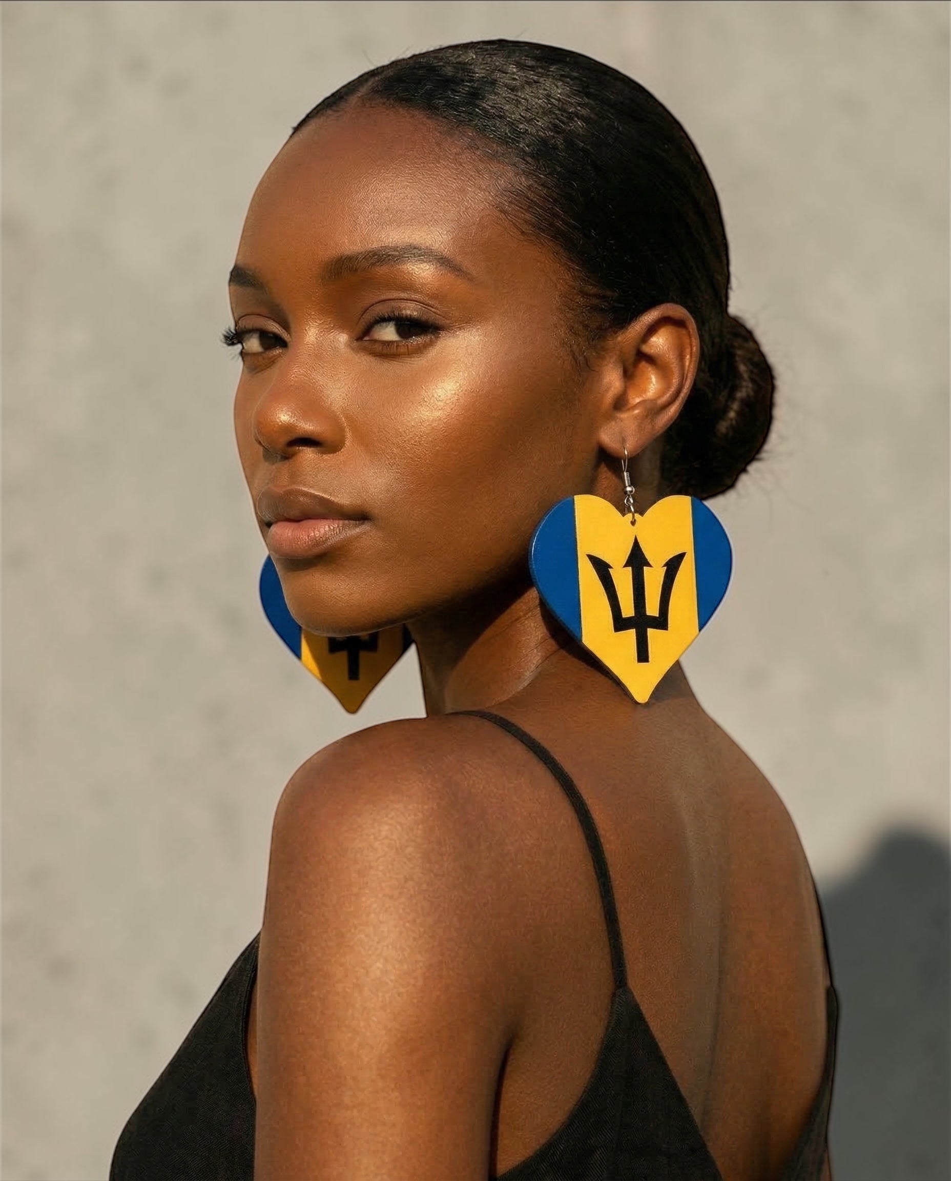Barbados Flag Heart Earrings – Afrocentric Caribbean Statement Wooden Jewellery - Fatisha Boutique #