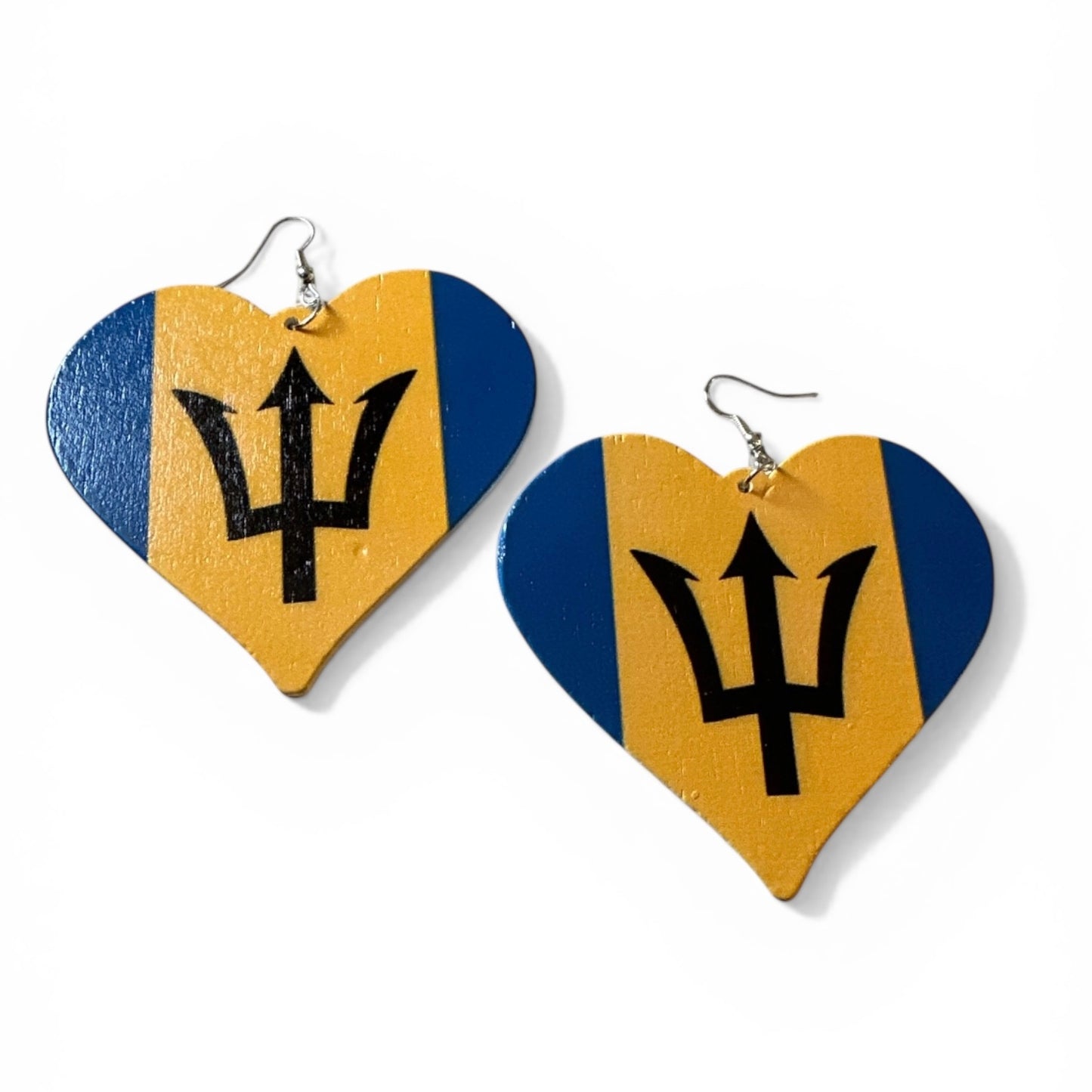Barbados Flag Heart Earrings – Afrocentric Caribbean Statement Wooden Jewellery - Fatisha Boutique #
