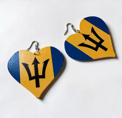 Barbados Flag Heart Earrings – Afrocentric Caribbean Statement Wooden Jewellery - Fatisha Boutique #