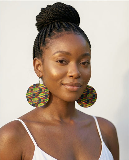 African Print Wooden Statement Earrings – Kente Style Afrocentric Lightweight Jewellery - Fatisha Boutique #