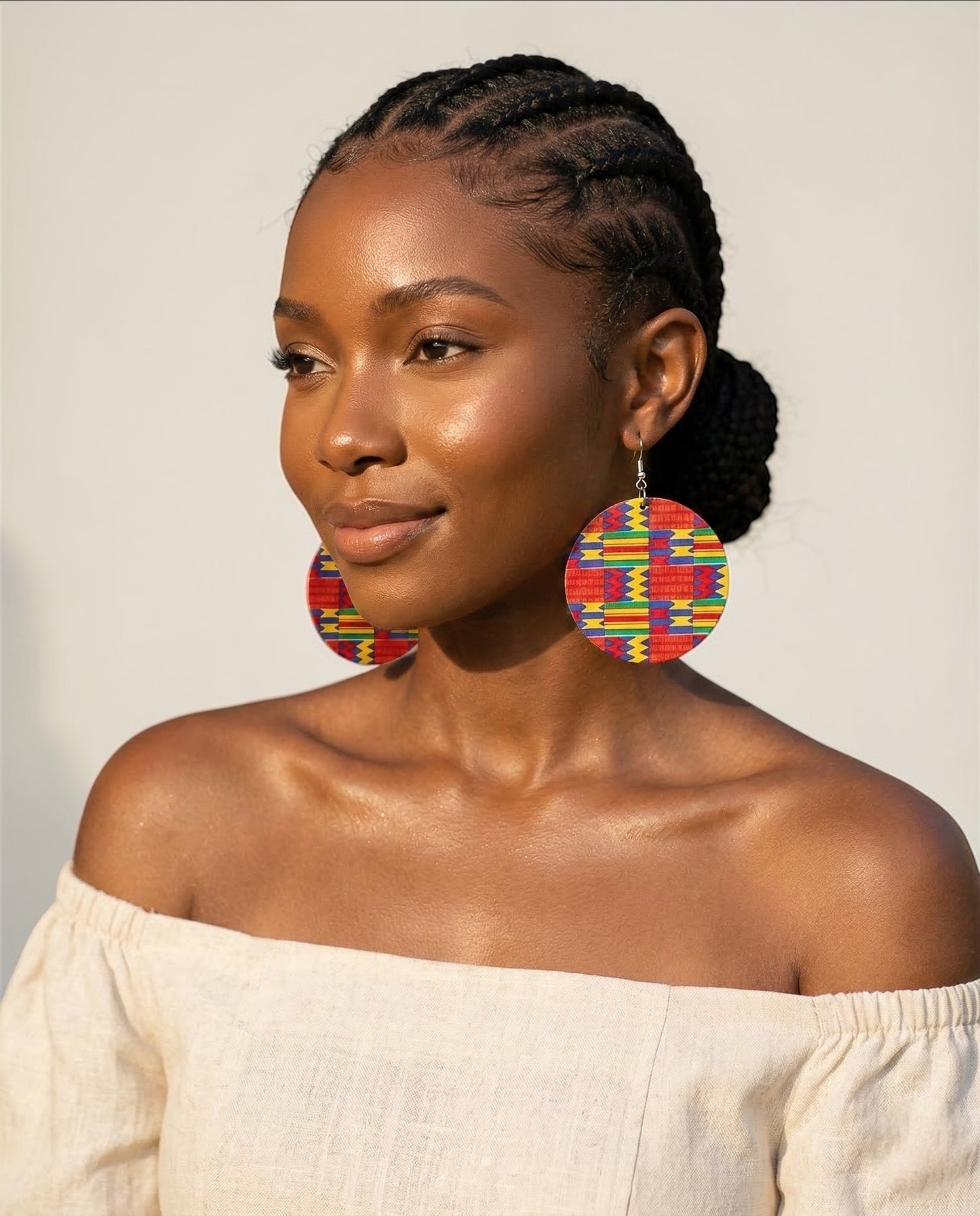 African Print Wooden Disc Earrings – Kente Pattern Statement Jewellery, Lightweight - Fatisha Boutique #