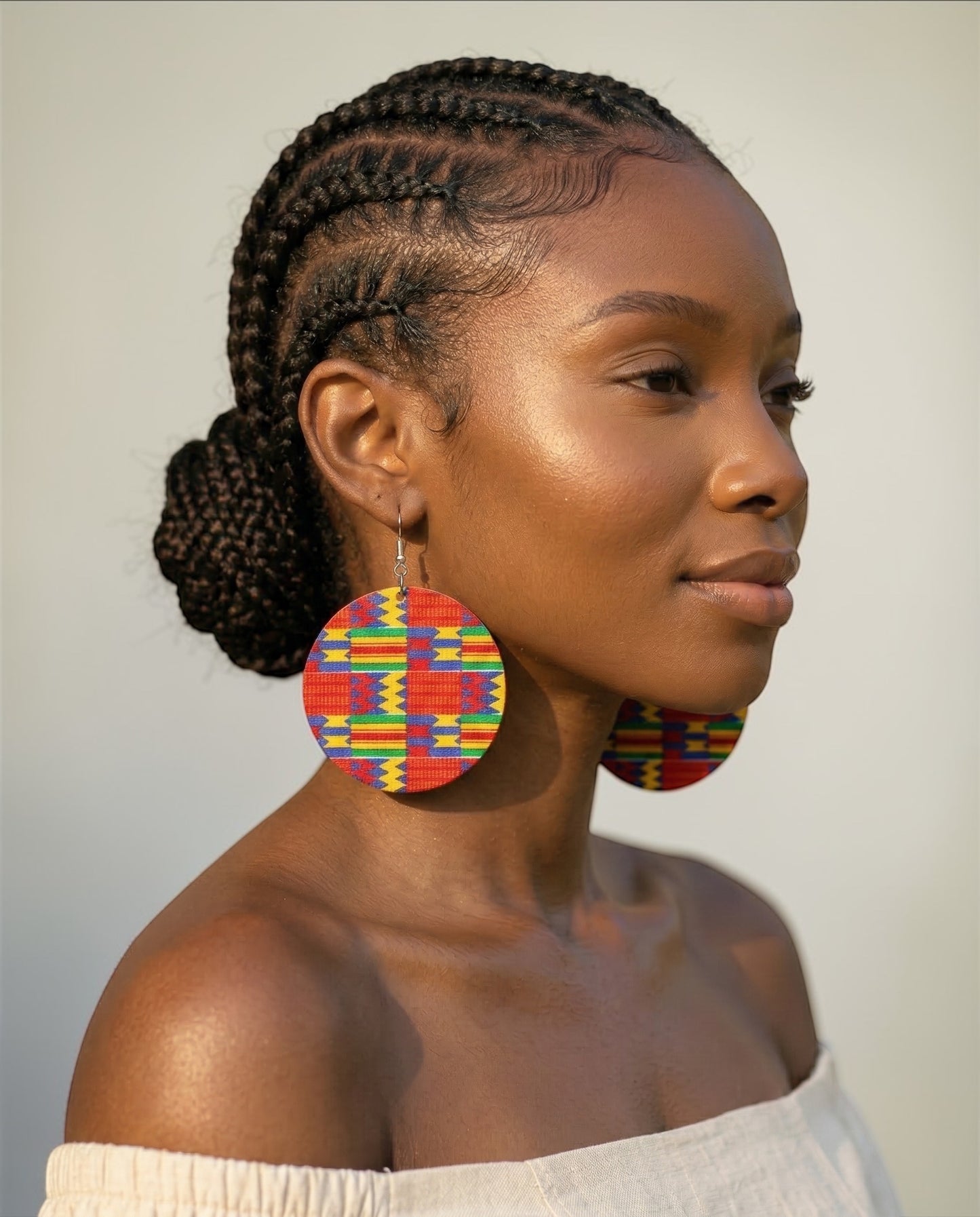 African Print Wooden Disc Earrings – Kente Pattern Statement Jewellery, Lightweight - Fatisha Boutique #