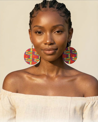 African Print Wooden Disc Earrings – Kente Pattern Statement Jewellery, Lightweight - Fatisha Boutique #