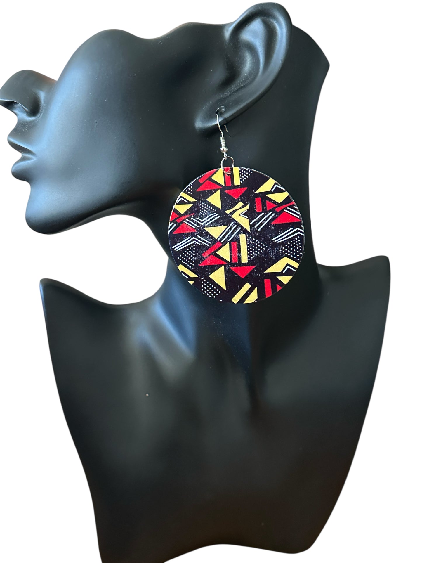 African Art Print Wooden Earrings – Geometric Statement Disc Jewellery - Fatisha Boutique #