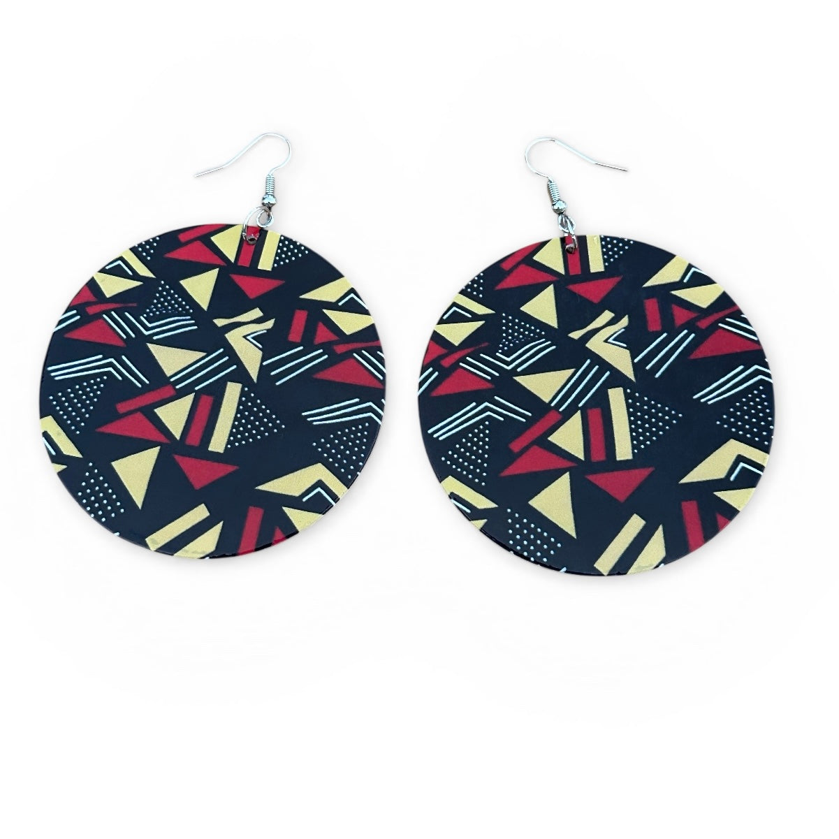 African Art Print Wooden Earrings – Geometric Statement Disc Jewellery - Fatisha Boutique #