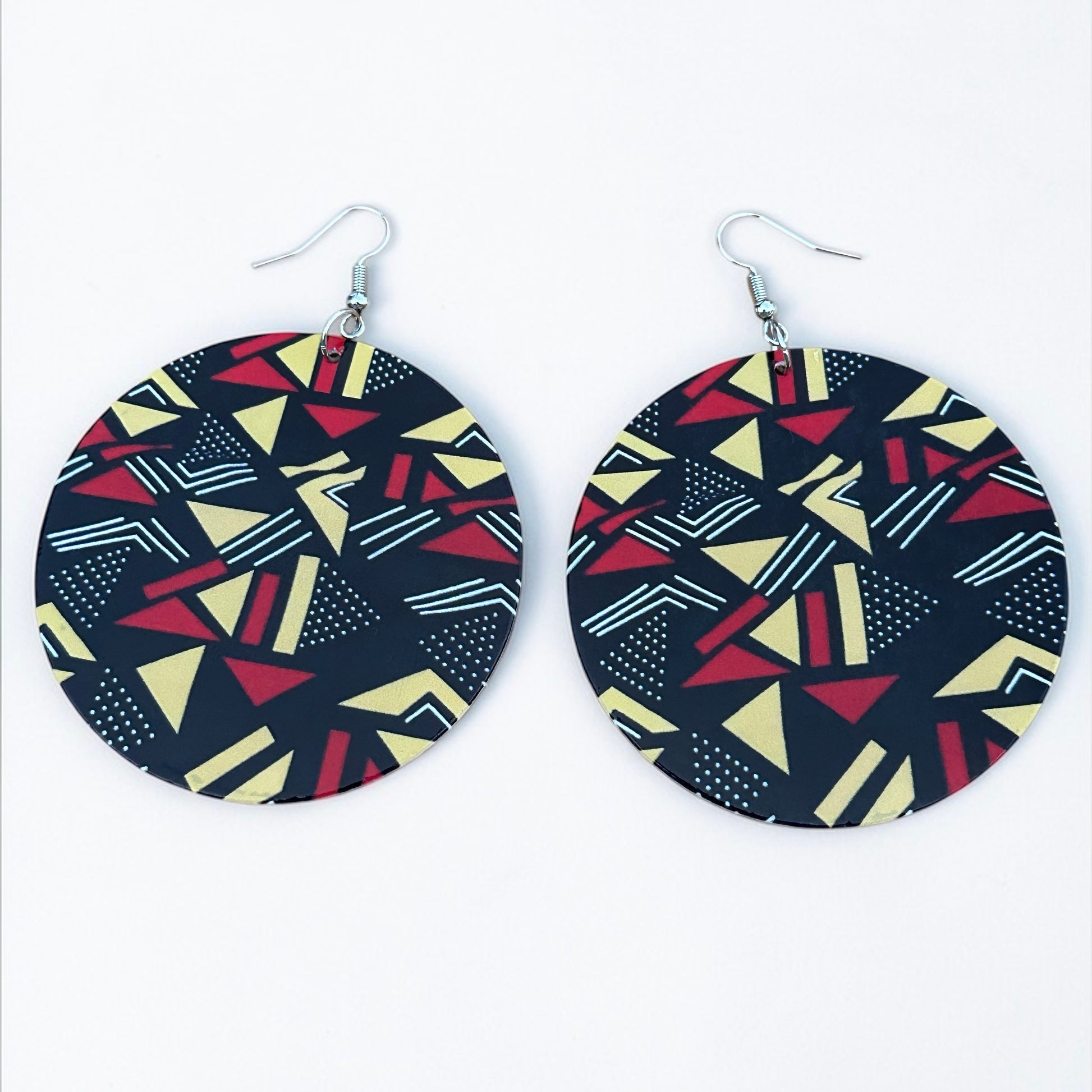 African Art Print Wooden Earrings – Geometric Statement Disc Jewellery - Fatisha Boutique #