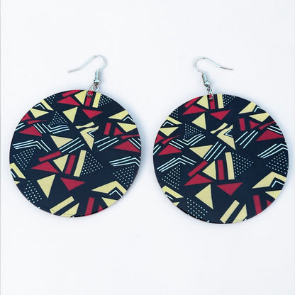 African Art Print Wooden Earrings – Geometric Statement Disc Jewellery - Fatisha Boutique #