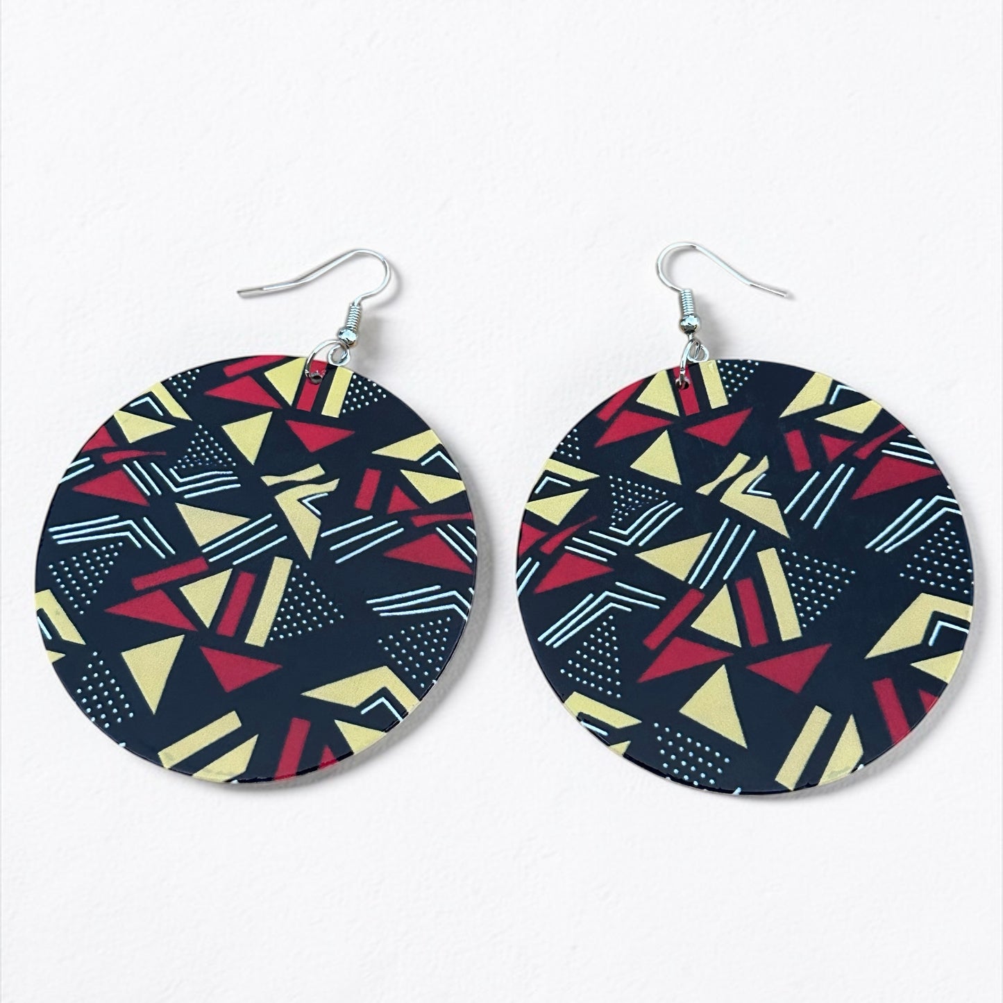 African Art Print Wooden Earrings – Geometric Statement Disc Jewellery - Fatisha Boutique #