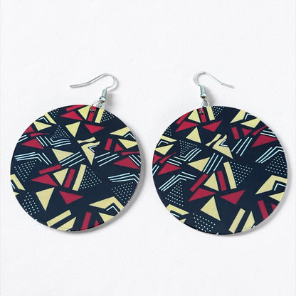 African Art Print Wooden Earrings – Geometric Statement Disc Jewellery - Fatisha Boutique #
