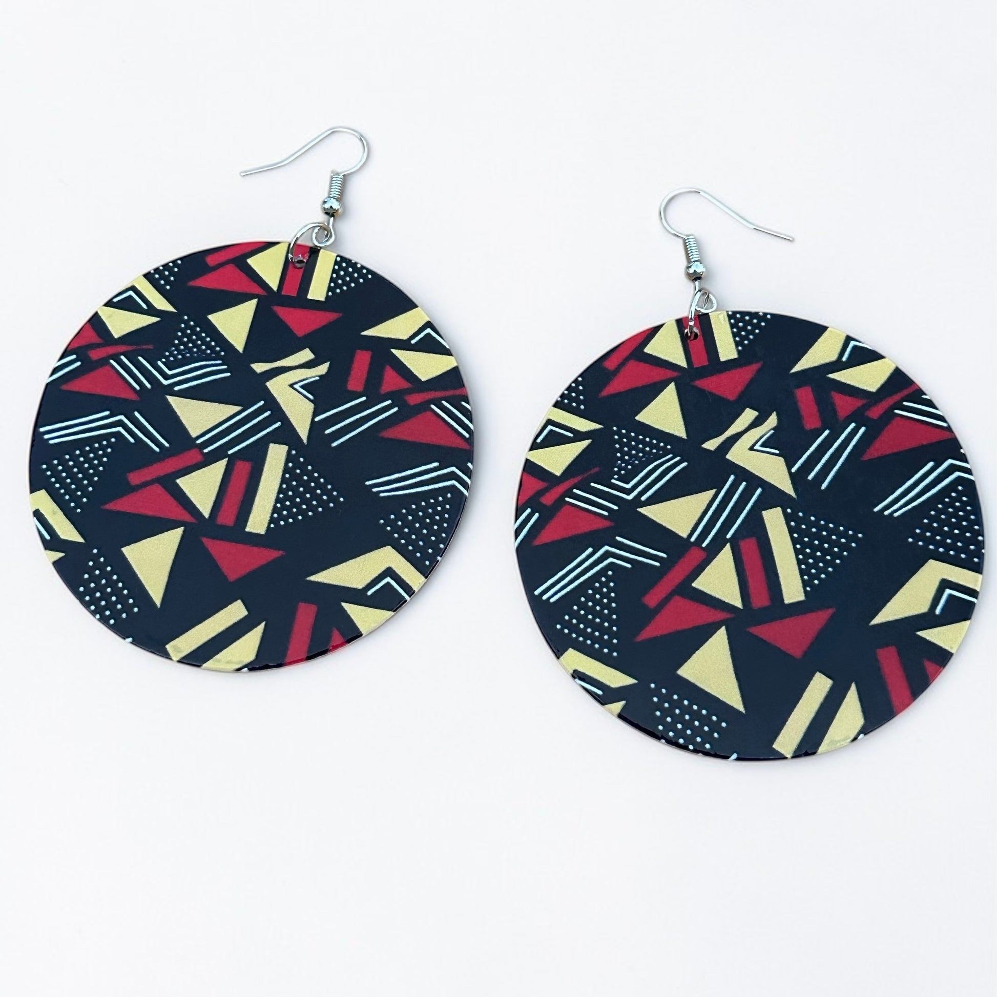 African Art Print Wooden Earrings – Geometric Statement Disc Jewellery - Fatisha Boutique #