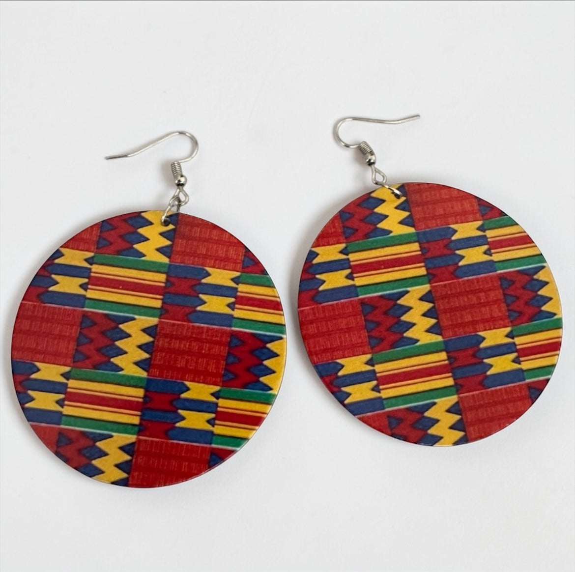 African Print Wooden Disc Earrings – Kente Pattern Statement Jewellery, Lightweight - Fatisha Boutique #