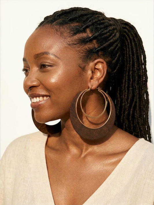 Ethnic Wooden Hoop Earrings – Afrocentric Layered Wood & Gold Statement Jewellery - Fatisha Boutique #