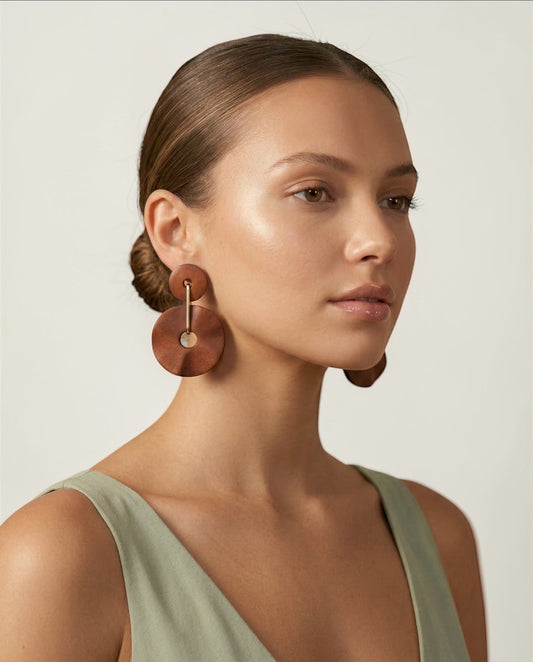 Wooden Dangle Earrings – Handmade Boho Statement Wood & Gold Jewellery - Fatisha Boutique #