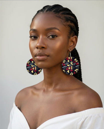 African Art Print Wooden Earrings – Geometric Statement Disc Jewellery - Fatisha Boutique #