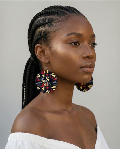 African Art Print Wooden Earrings – Geometric Statement Disc Jewellery - Fatisha Boutique #