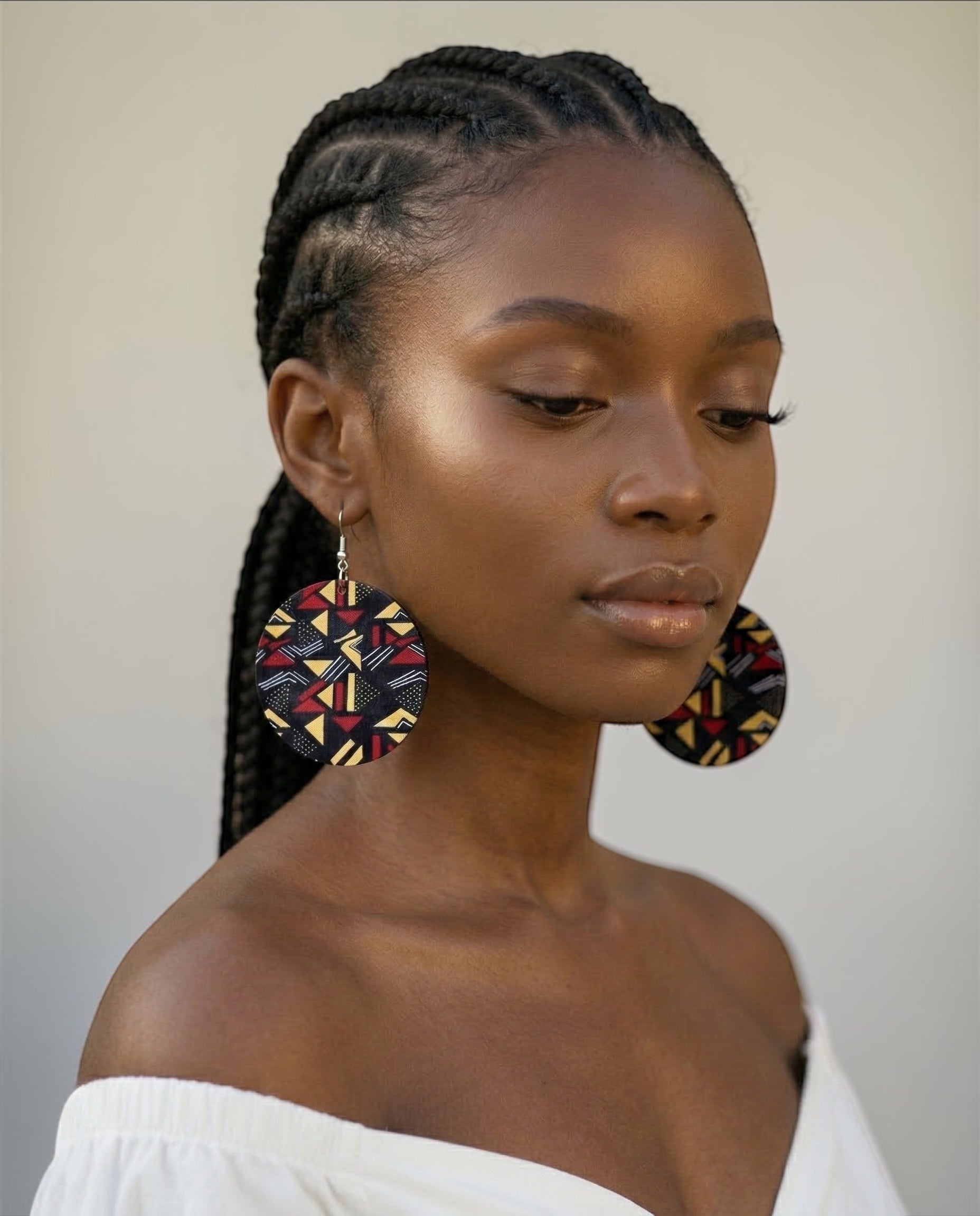 African Art Print Wooden Earrings – Geometric Statement Disc Jewellery - Fatisha Boutique #