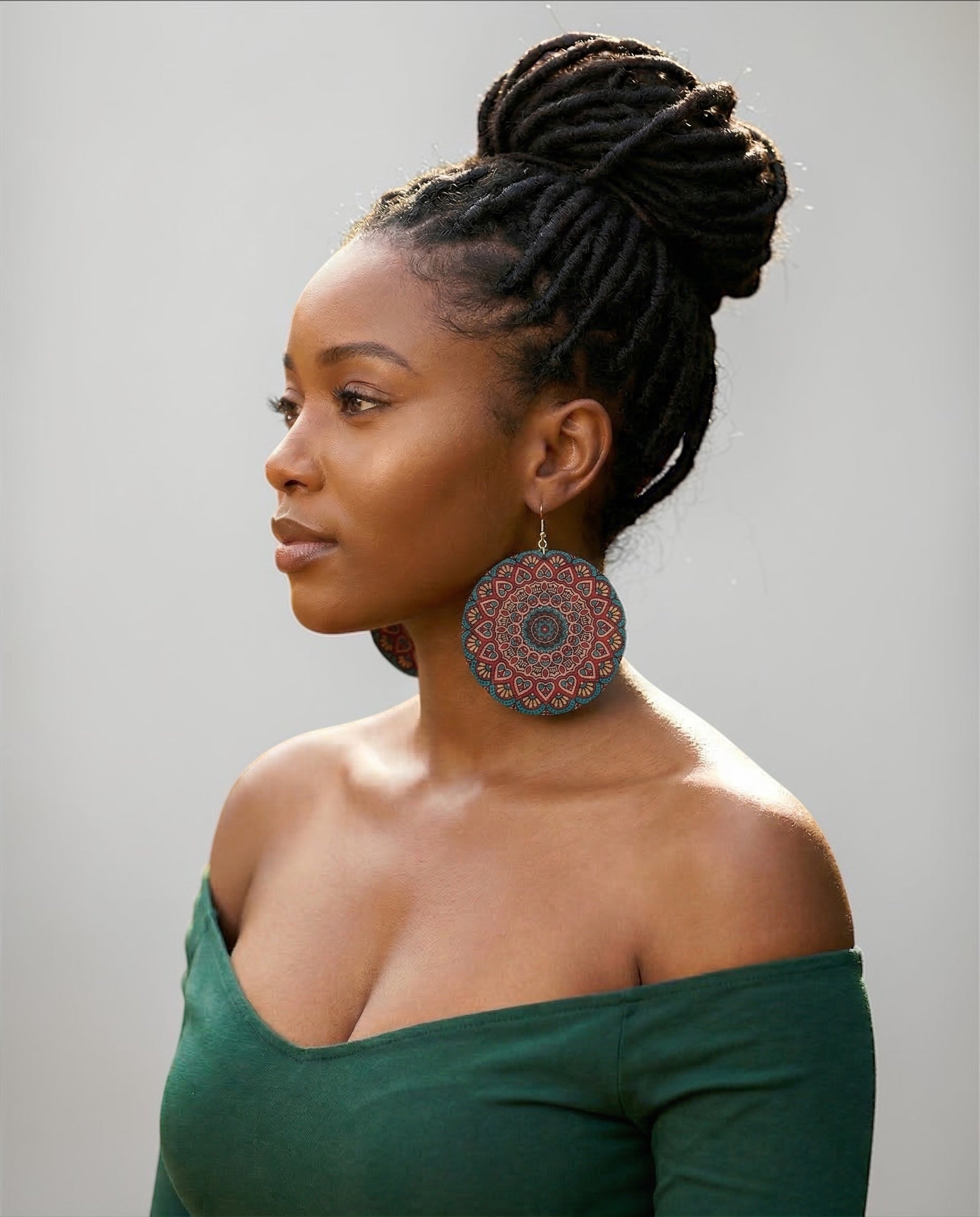 Boho Mandala Print Statement Earrings – Lightweight Wooden Round Dangle Earrings for Women - Fatisha Boutique #