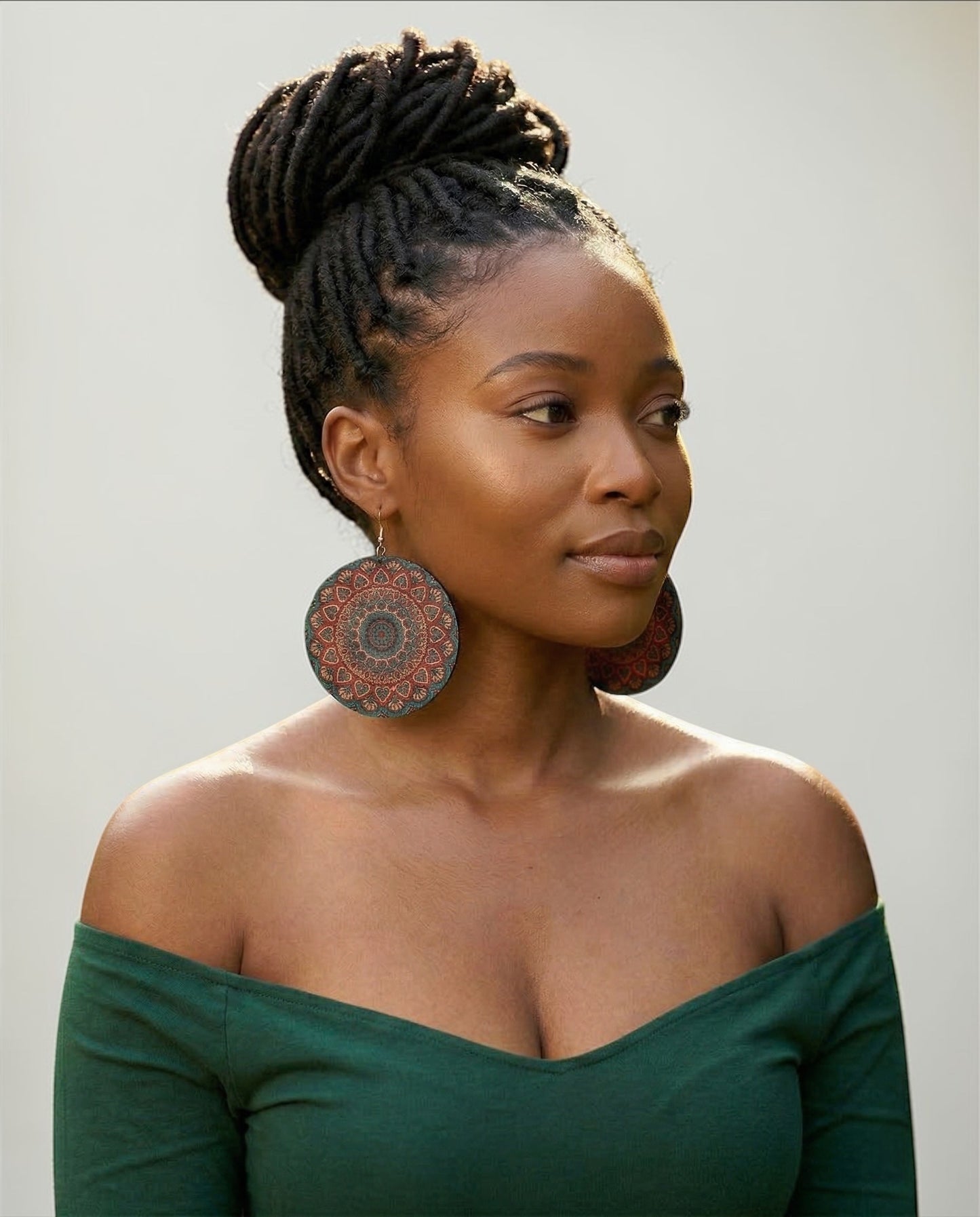 Boho Mandala Print Statement Earrings – Lightweight Wooden Round Dangle Earrings for Women - Fatisha Boutique #