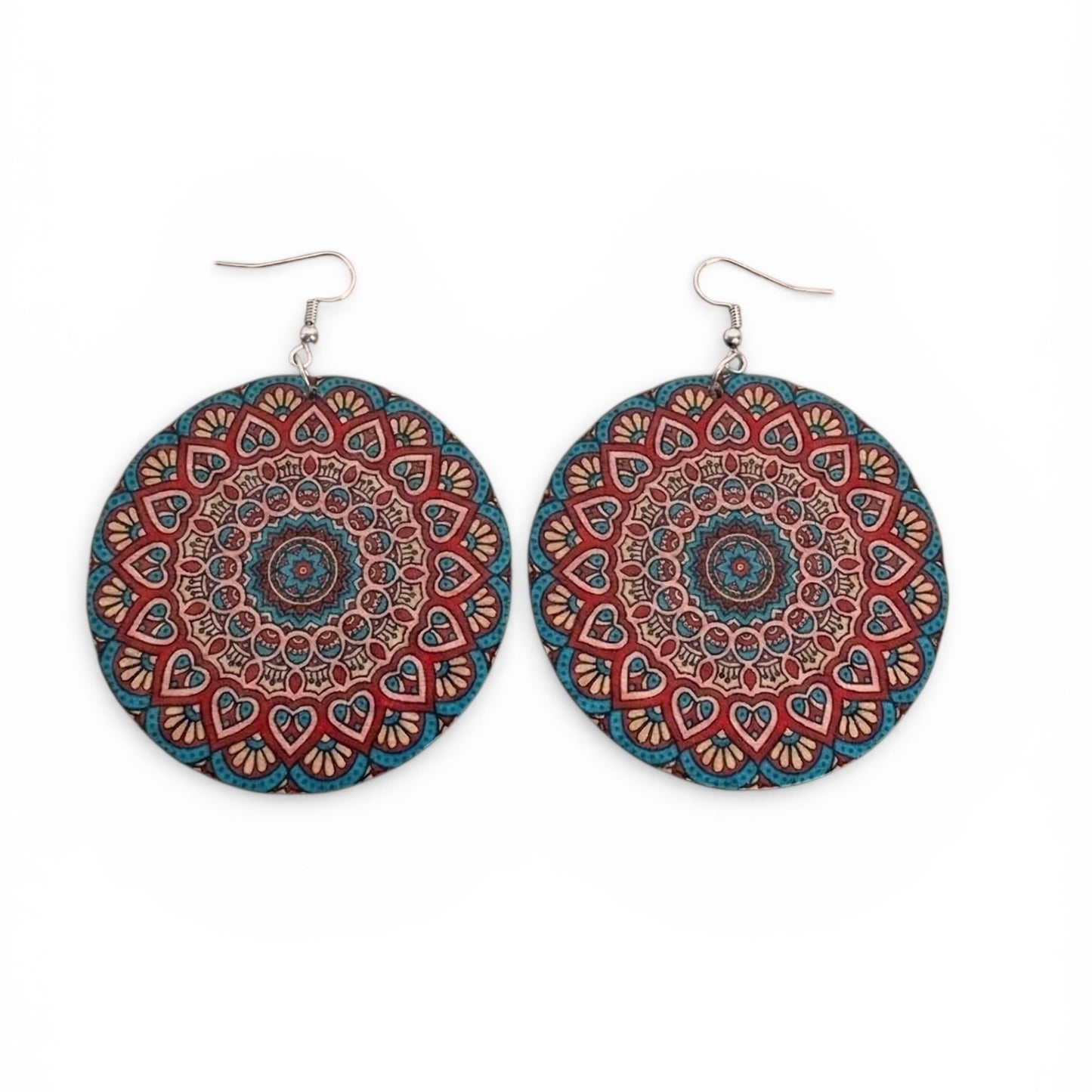 Boho Mandala Print Statement Earrings – Lightweight Wooden Round Dangle Earrings for Women - Fatisha Boutique #