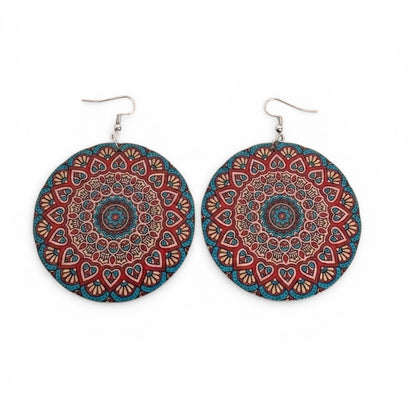 Boho Mandala Print Statement Earrings – Lightweight Wooden Round Dangle Earrings for Women - Fatisha Boutique #