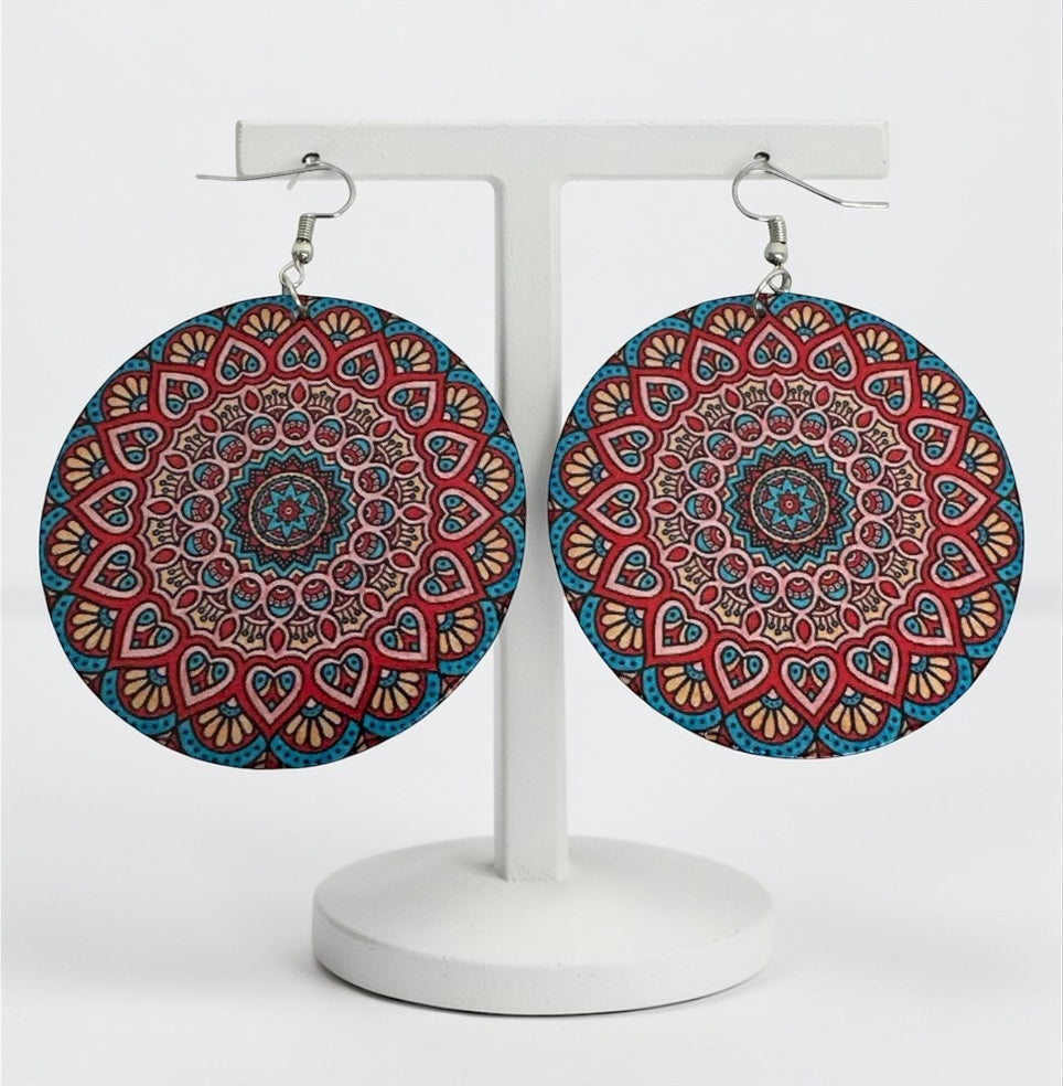 Boho Mandala Print Statement Earrings – Lightweight Wooden Round Dangle Earrings for Women - Fatisha Boutique #