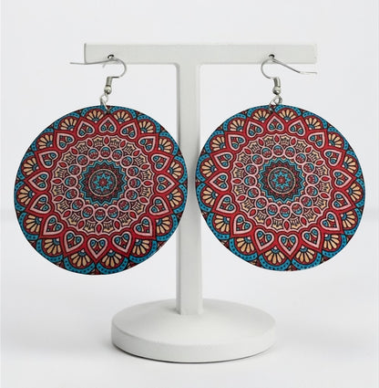 Boho Mandala Print Statement Earrings – Lightweight Wooden Round Dangle Earrings for Women - Fatisha Boutique #