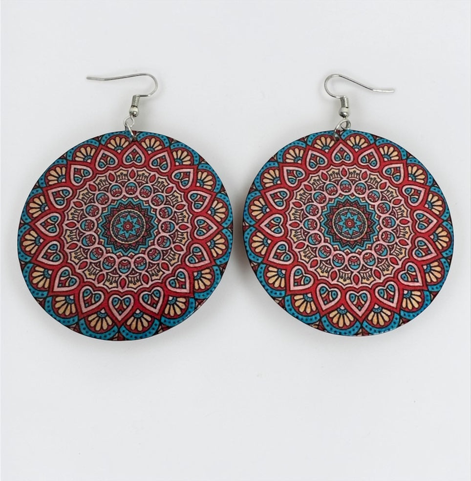 Boho Mandala Print Statement Earrings – Lightweight Wooden Round Dangle Earrings for Women - Fatisha Boutique #