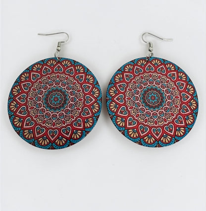 Boho Mandala Print Statement Earrings – Lightweight Wooden Round Dangle Earrings for Women - Fatisha Boutique #