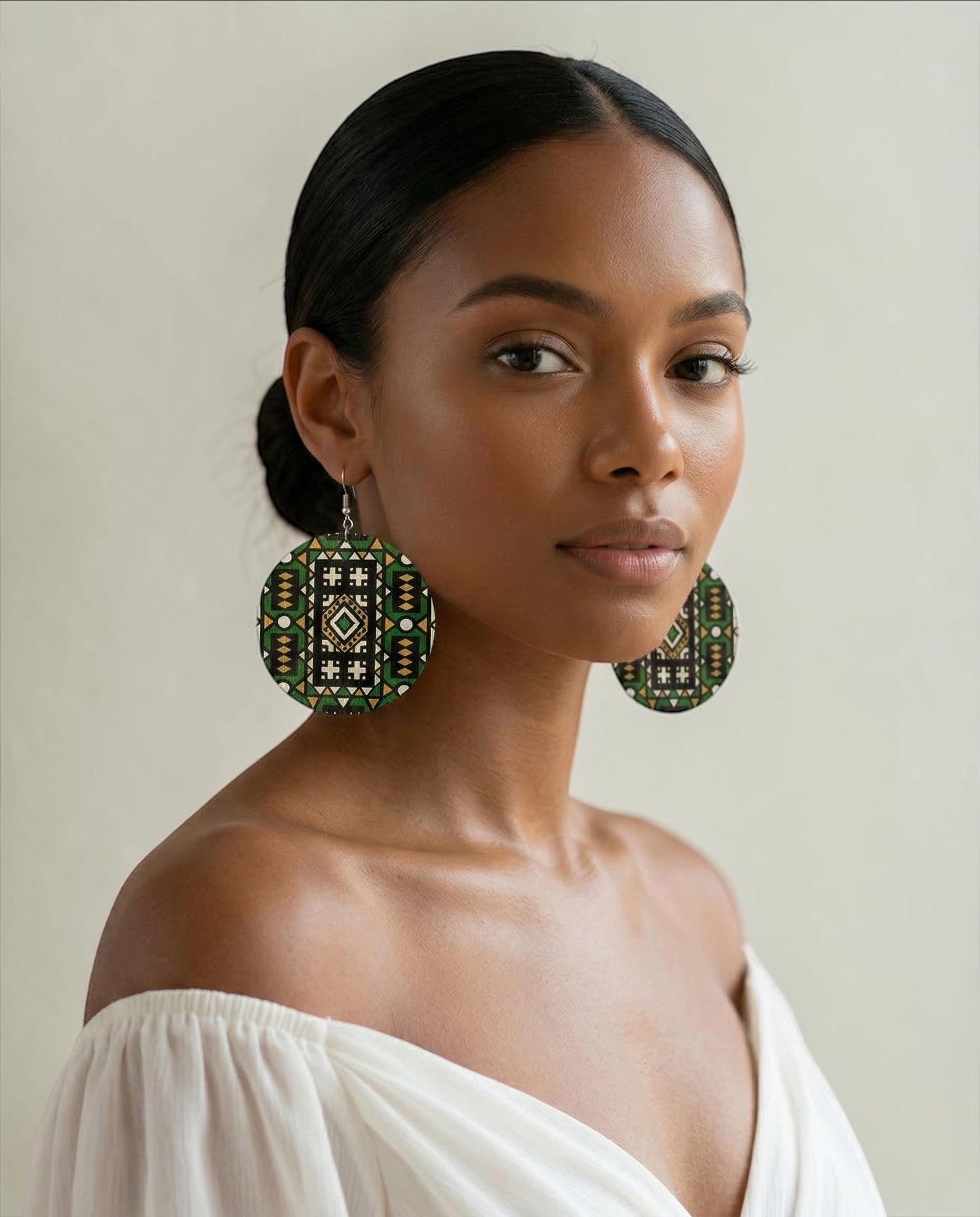Green African Print Wooden Statement Earrings – Double-Sided Lightweight Tribal Dangle Earrings - Fatisha Boutique #