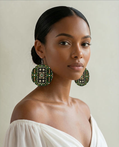 Green African Print Wooden Statement Earrings – Double-Sided Lightweight Tribal Dangle Earrings - Fatisha Boutique #