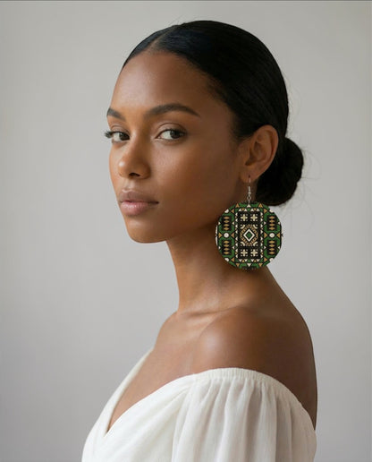 Green African Print Wooden Statement Earrings – Double-Sided Lightweight Tribal Dangle Earrings - Fatisha Boutique #