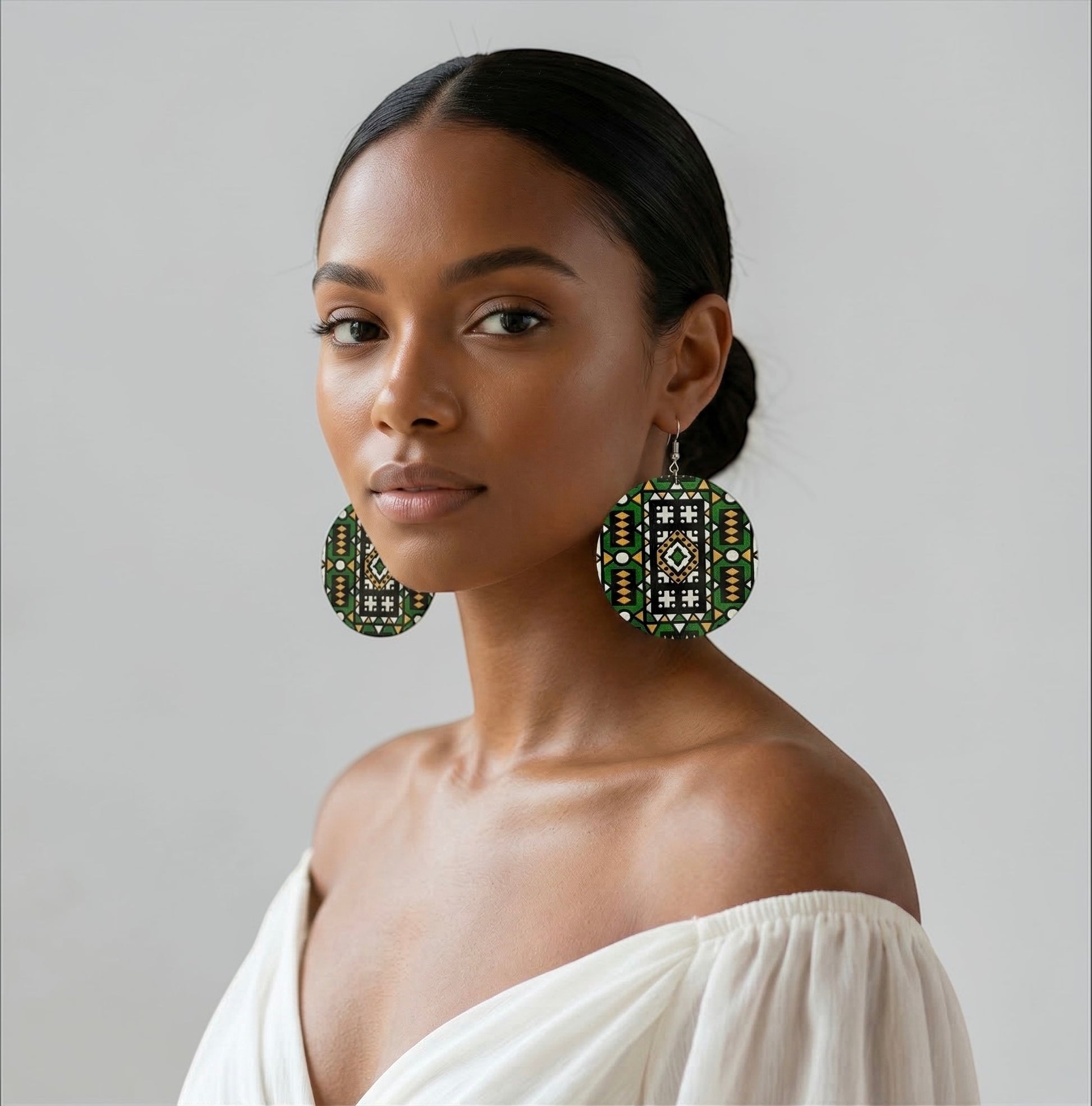 Green African Print Wooden Statement Earrings – Double-Sided Lightweight Tribal Dangle Earrings - Fatisha Boutique #