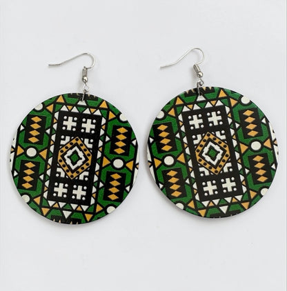 Green African Print Wooden Statement Earrings – Double-Sided Lightweight Tribal Dangle Earrings - Fatisha Boutique #