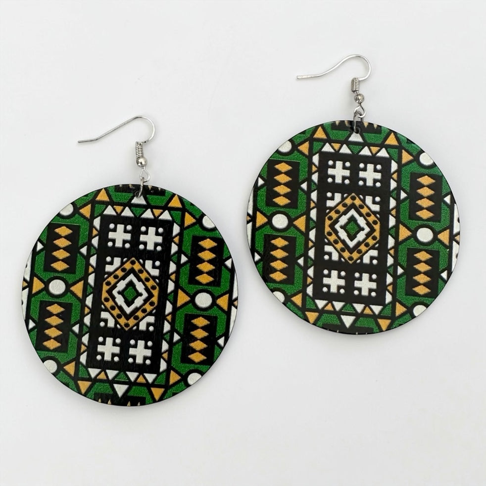 Green African Print Wooden Statement Earrings – Double-Sided Lightweight Tribal Dangle Earrings - Fatisha Boutique #