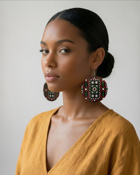 Red & Green African Print Wooden Statement Earrings – Double-Sided Lightweight Tribal Dangle Earrings - Fatisha Boutique #