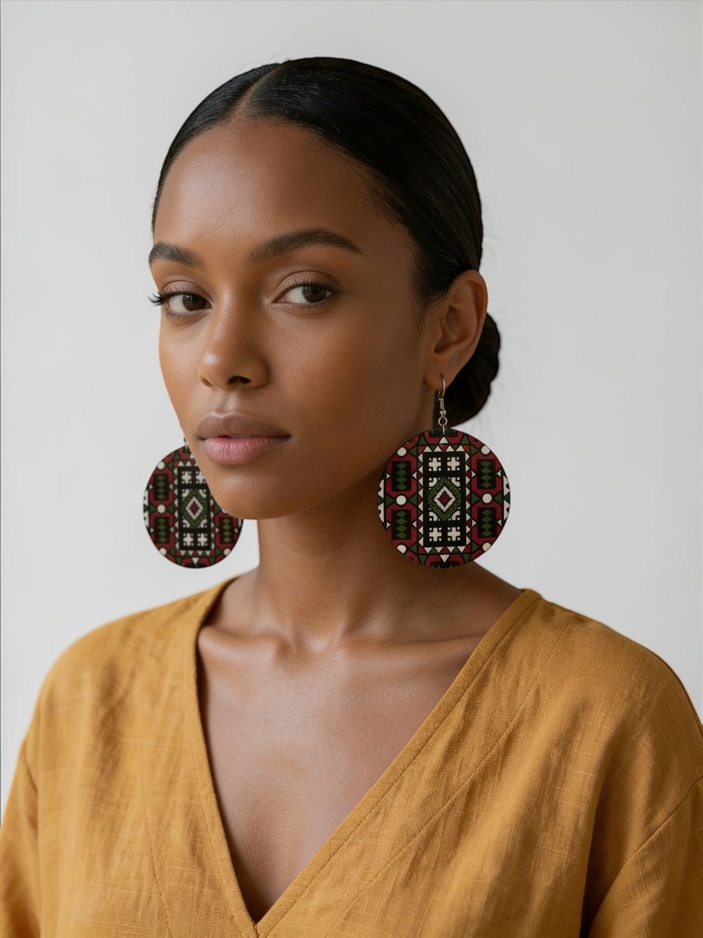 Red & Green African Print Wooden Statement Earrings – Double-Sided Lightweight Tribal Dangle Earrings - Fatisha Boutique #