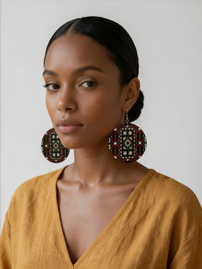 Red & Green African Print Wooden Statement Earrings – Double-Sided Lightweight Tribal Dangle Earrings - Fatisha Boutique #