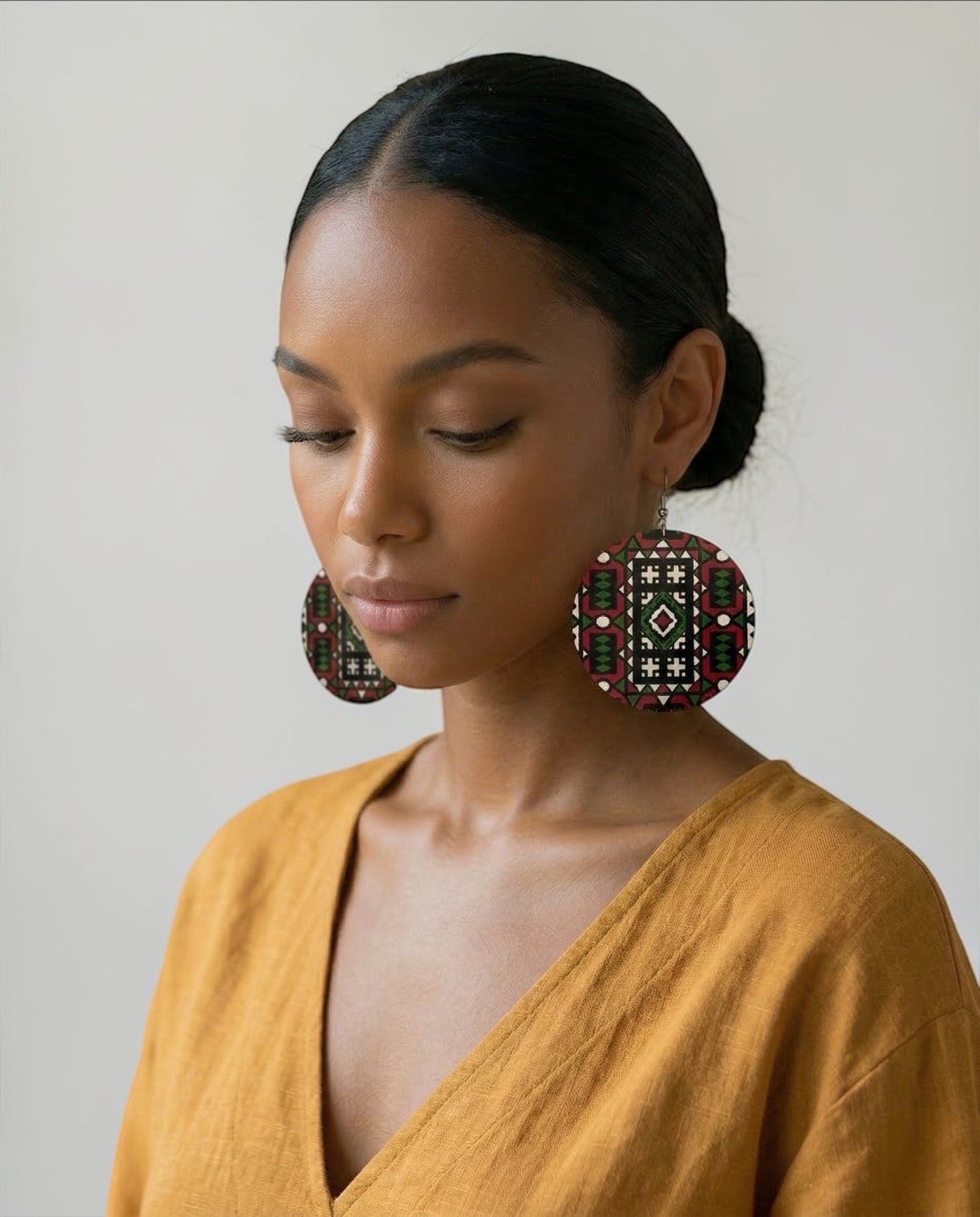 Red & Green African Print Wooden Statement Earrings – Double-Sided Lightweight Tribal Dangle Earrings - Fatisha Boutique #