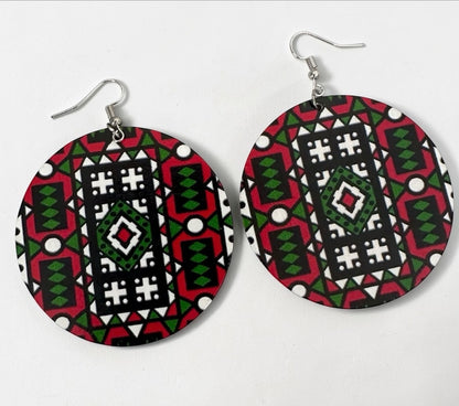 Red & Green African Print Wooden Statement Earrings – Double-Sided Lightweight Tribal Dangle Earrings - Fatisha Boutique #