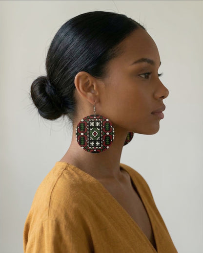 Red & Green African Print Wooden Statement Earrings – Double-Sided Lightweight Tribal Dangle Earrings - Fatisha Boutique #