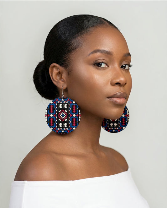 Blue & Red African Print Wooden Earrings – Lightweight Tribal Statement Dangles - Fatisha Boutique #