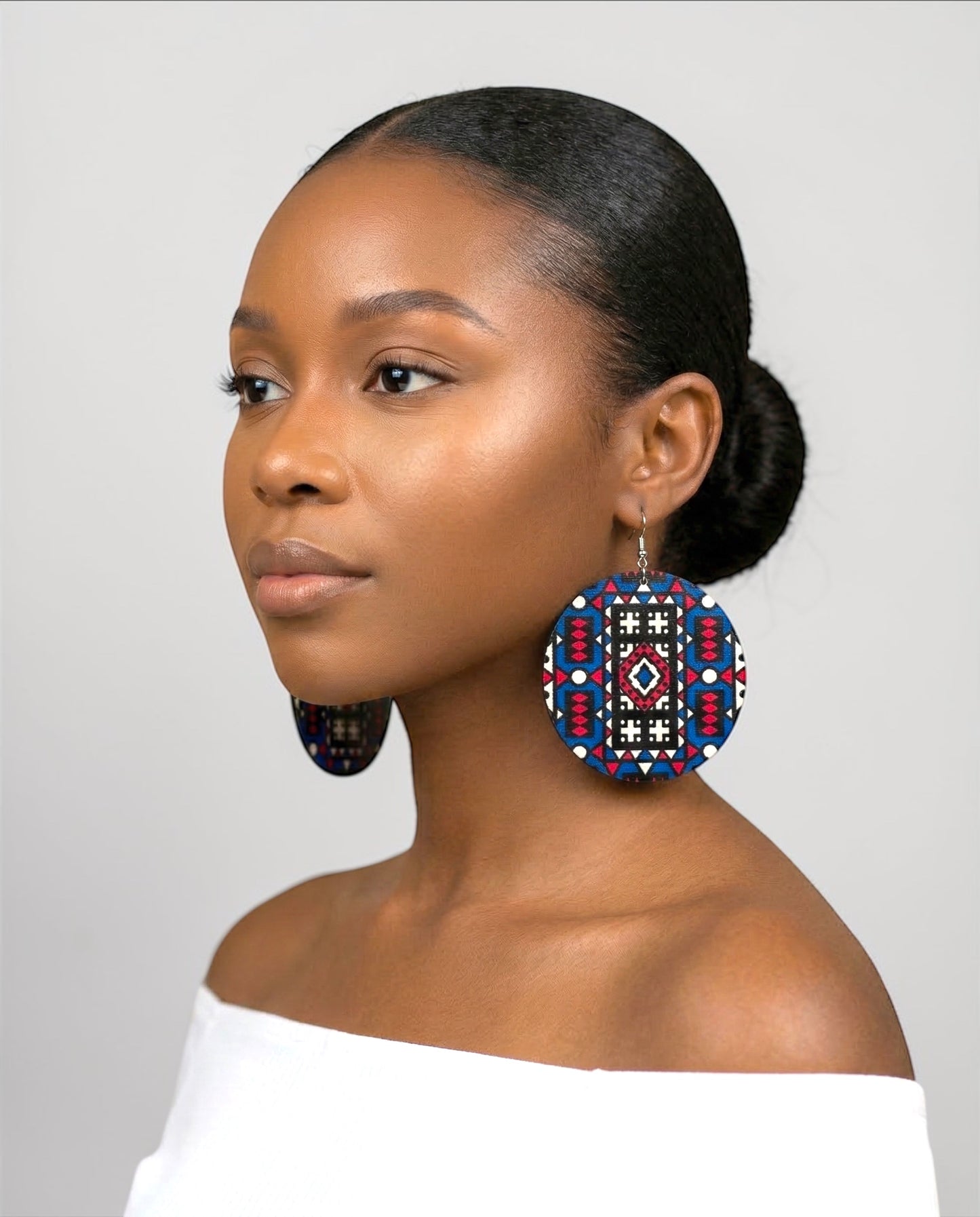 Blue & Red African Print Wooden Earrings – Lightweight Tribal Statement Dangles - Fatisha Boutique #