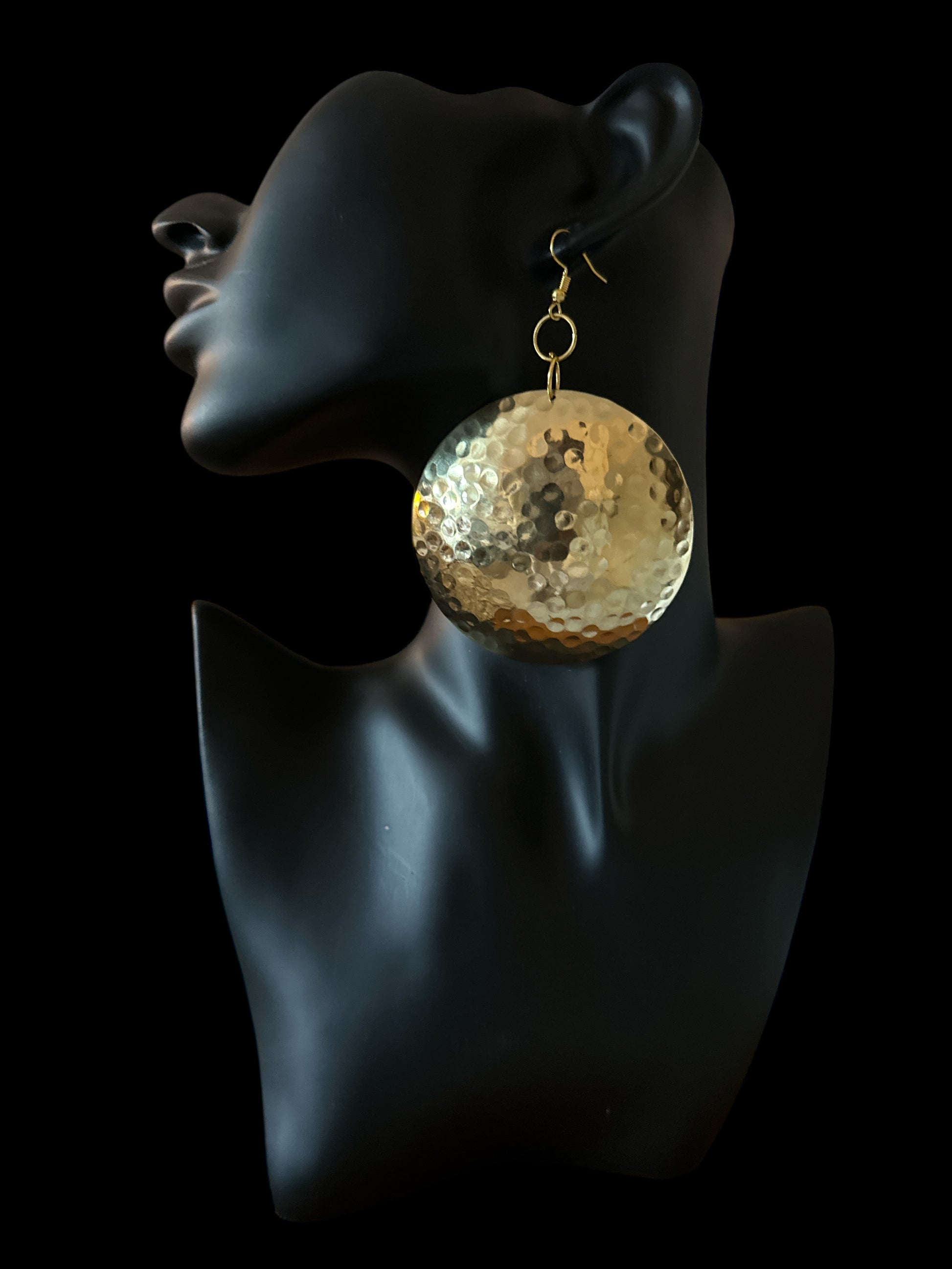 Hammered Brass Afrocentric Statement Earrings – Handmade Oversized Gold Disc Dangle Jewellery - Fatisha Boutique #