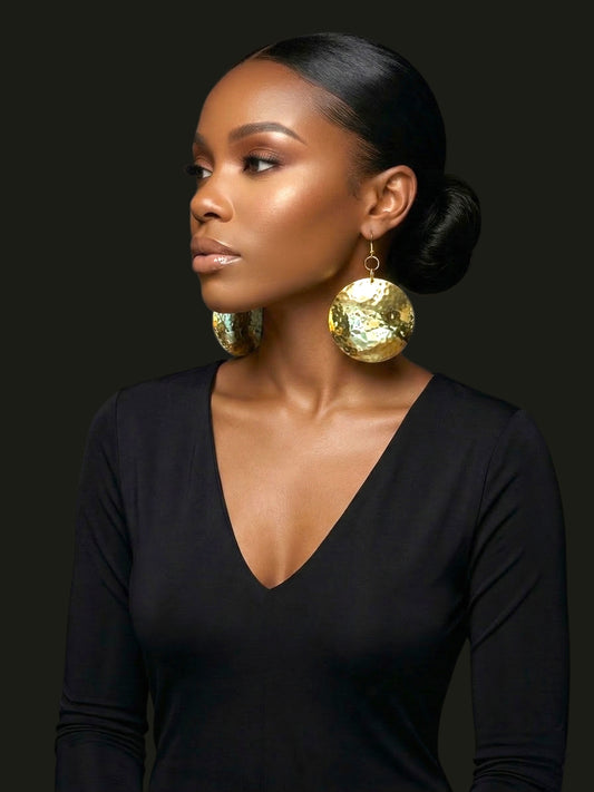Hammered Brass Afrocentric Statement Earrings – Handmade Oversized Gold Disc Dangle Jewellery - Fatisha Boutique #