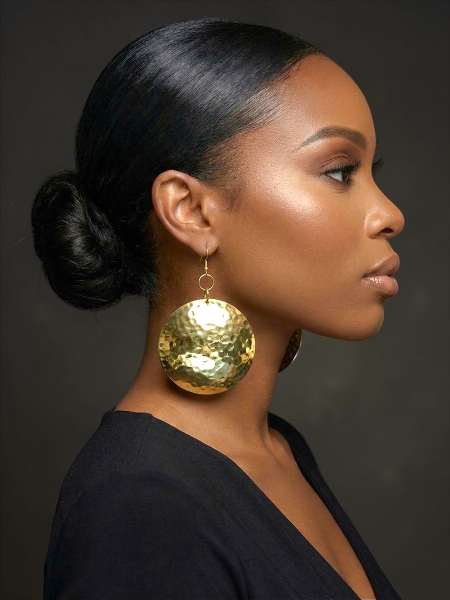 Hammered Brass Afrocentric Statement Earrings – Handmade Oversized Gold Disc Dangle Jewellery - Fatisha Boutique #